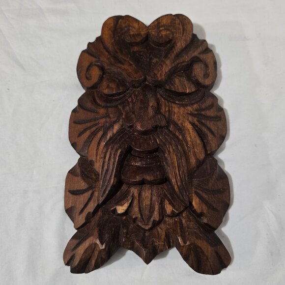 Hand Carved Green Man Wood Face - Man with Mustache - Picture 3 of 3